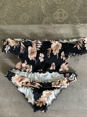 PINK Victoria's Secret Black Bikini with Peach Floral Print